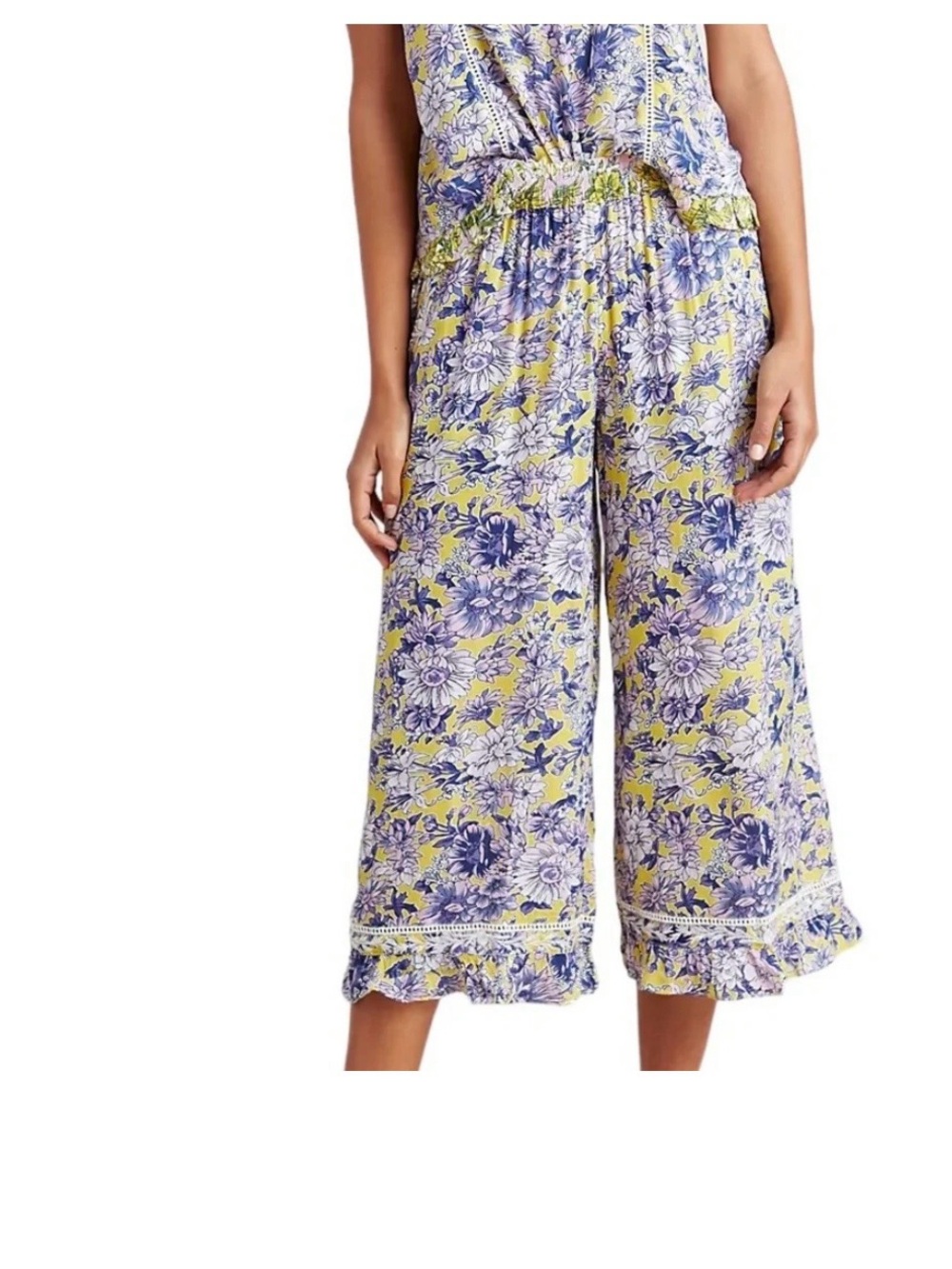 Anthropologie Easy Slumber Sleep Cropped Ruffle Floral Pants Size XS